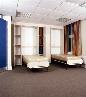 Euston Fire Station - Two 'Wiskaway'® 7500 Wallbeds folded down, lockers open